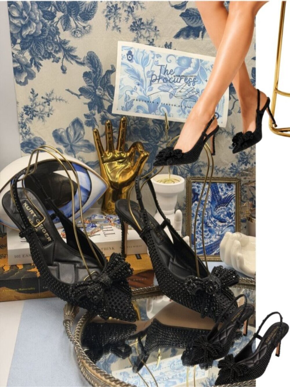 🆕 KURT GEIGER LONDON 🧿 NWOB Belgravia Crystal Bow Heels, Black Satin - Sz 37 7